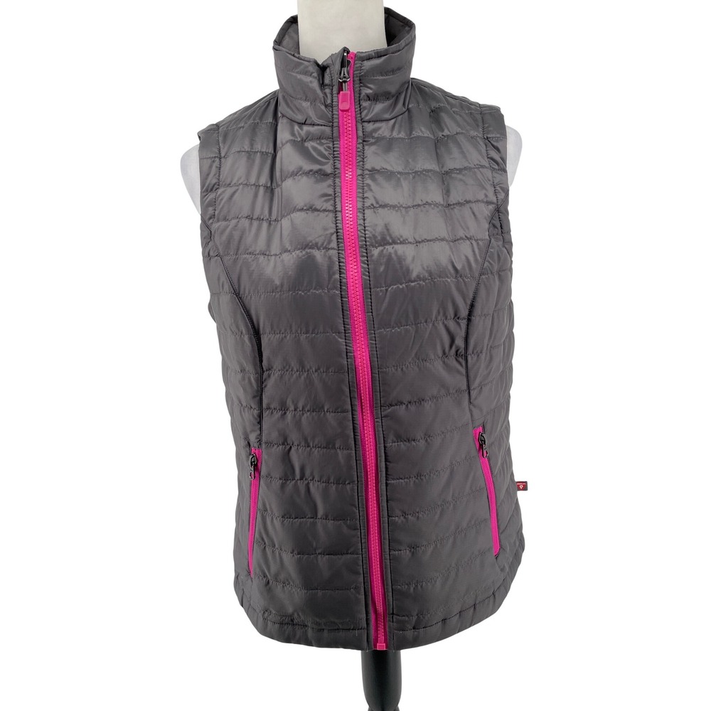 Packable Puffer Vest Womens Small Grey Pink PrimaLoft Quilted Zip Pockets